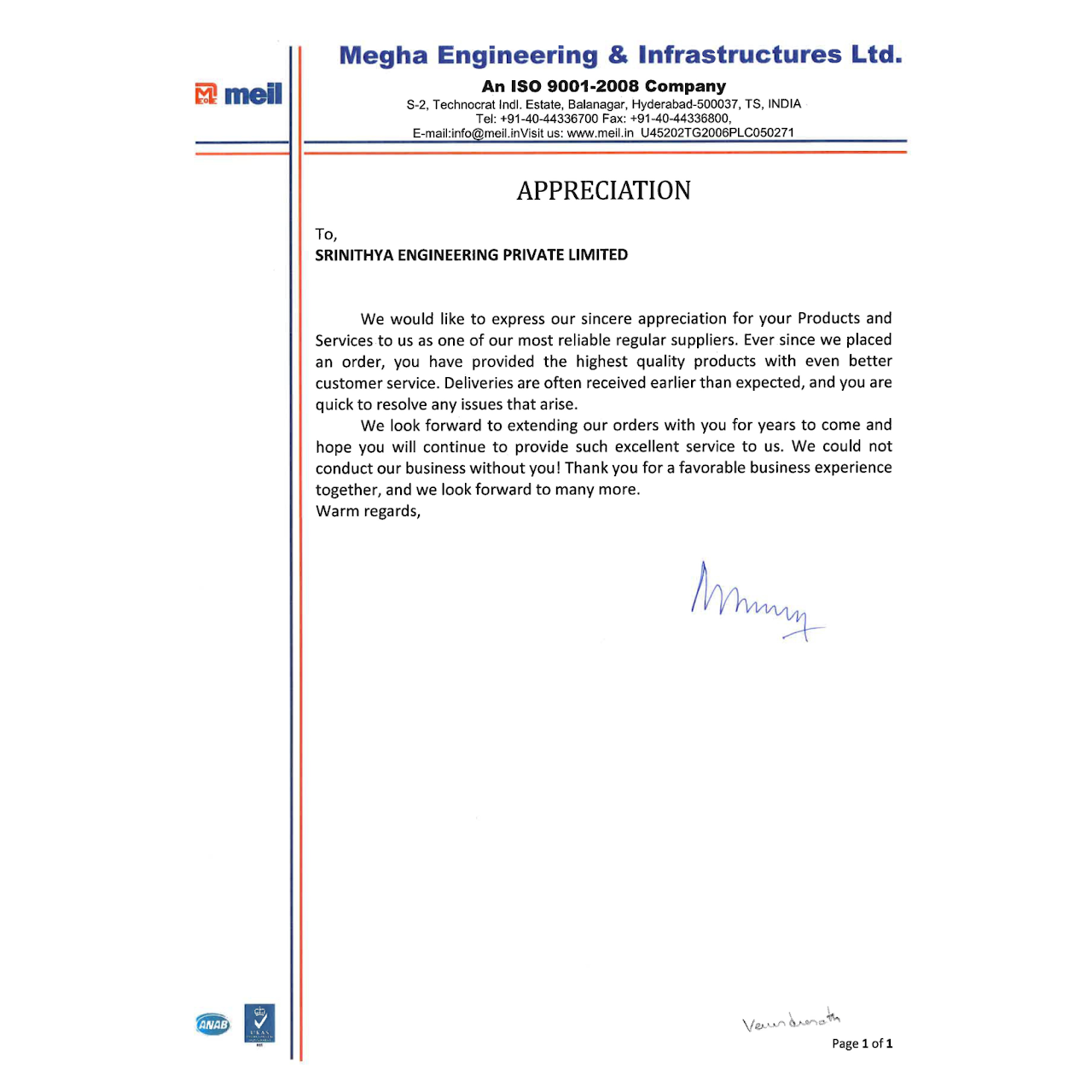 MEIL Appreciation Certificate